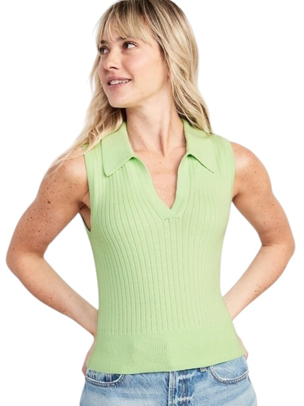 Spring Green Sleeveless Cropped Sweater w/ Polo Collar - Size M